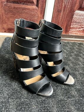 Chinese Laundry Black Strappy Heels with Snakeskin Accent